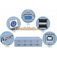 Bộ chia KVM Switch 4 cổng VGA usb & ps2 auto chính hãng DTECH DT-8041
