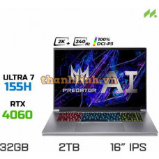 Laptop Gaming Acer Predator Triton Neo 16 PTN16-51-78JQ (Ultra 7 155H, RTX4060 8GB, RAM 32GB LPDDR5, SSD 2TB, 16 Inch IPS 240Hz WQXGA DCI-P3 100%)
