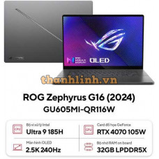 Laptop Asus Gaming ROG Zephyrus G16 GU605MI-QR116W (Intel Ultra 9 185H | RTX 4070 8GB |32GB | 1TB | 16 inch 2.5K OLED 240Hz | Win 11 | Xám)
