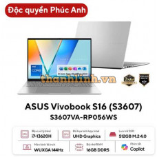 Laptop Asus Vivobook S16 S3607VA-RP056WS (i7 13620H/ 16GB/ 512GB SSD/ 16 inch WUXGA/ 144Hz/ Win 11/ Office/ Silver/ Vỏ nhôm)