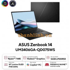 Laptop Asus Zenbook 14 UM3406GA-QD075WS (AI 7 445/ 16GB/ 512GB SSD/ 14 inch OLED/ 60HZ/ Win 11/ Office/ Black/ Vỏ nhôm/ Túi)