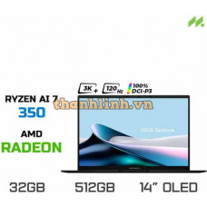 Laptop Asus Zenbook 14 OLED UM3406KA-PP555WS (Ryzen AI 7 350, Radeon Graphics, Ram 32GB LPDDR5X, SSD 512GB, 14 Inch OLED 3K 120Hz 100% DCI-P3)