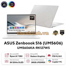 Laptop ASUS Zenbook S 16 UM5606KA-RK127WS (AMD Ryzen AI 7 350 Processor 2.0GHz | 24GB | 1TB | AMD Radeon | 16 inch 3K OLED | Win 11 | Office | Trắng)