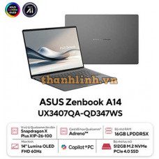 Laptop Asus Zenbook 14 UX3407QA-QD347WS (Snapdragon X X1 26 100/ 16GB/ 512GB SSD/ 14 inch WUXGA/ Win 11/ Office/ Xám/ Vỏ nhôm)