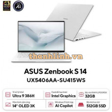 Laptop ASUS Zenbook S 14 UX5406AA-SU415WS (Intel Core Ultra 9 386H | Intel Graphics | 14.0-inch OLED | 32GB | 512GB | Windows 11 | Office | Trắng)