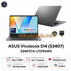 Laptop ASUS Vivobook S14 S3407CA-LY096WS (Intel Core Ultra 7 Processor 255H | 16GB | 512GB | Intel UHD | 14 inch WUXGA IPS | Win 11 | Office | Xám)
