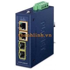 Bộ chuyển đổi phương tiện công nghiệp nhỏ gọn 2 cổng 100/1000X SFP sang 2 cổng 1000T 802.3at PoE+ Planet IGTP-2205AT
