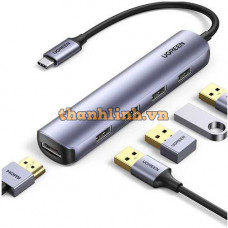 Hub chuyển đổi USB Type-C 5 trong 1 ra HDMI 4K@30Hz, USB 3.0 x 3, Sạc PD 100W Ugreen 15596 cao cấp