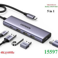 Hub chuyển đổi USB Type-C 5 trong 1 ra HDMI 4K@60Hz, USB-A x3, Sạc PD 100W Ugreen 15597 cao cấp