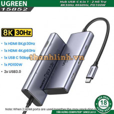 Hub USB Type-C 6 trong 1 ra 2*HDMI 8K@30Hz, USB Type-C, USB-A 3.0, Sạc PD 100W Ugreen 15852
