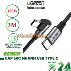 Cáp dữ liệu, sạc nhanh 100W Type-C to Type-C bẻ góc 90 độ dài 3M Ugreen 20583 cao cấp