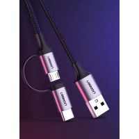 Cáp sạc, dữ liệu 2 in 1 USB A sang USB Micro + Type-C dài 1M Ugreen 30875 Sạc nhanh, bện dù, cao cấp
