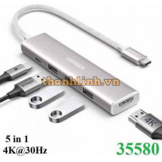 Hub Revodok USB Type-C 5 trong 1 ra HDMI 4K@30Hz, USB 3.0, Sạc PD 100W Ugreen 35580 cao cấp