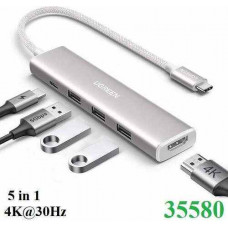 Hub Revodok USB Type-C 5 trong 1 ra HDMI 4K@30Hz, USB 3.0, Sạc PD 100W Ugreen 35580 cao cấp