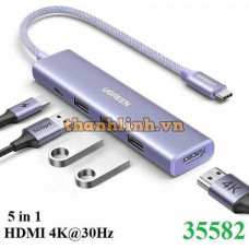 Hub Revodok USB Type-C 5 trong 1 ra HDMI 4K@30Hz, USB 3.0, Sạc PD 100W Ugreen 35582 cao cấp
