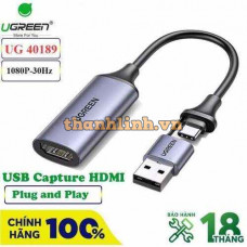 Ugreen 40189 15CM 4K 60Hz HD 1080P Cáp chuyển USB + USB-C sang HDMI âm dùng ghi hình Livestream Capture