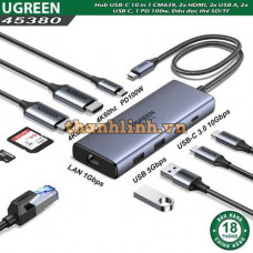 Hub USB-C 10 in 1 Ugreen 45380 CM639, 2x HDMI, 2x USB A, 2x USB C, 1 PD 100w, Đầu đọc thẻ SD/TF