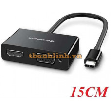 Ugreen 50251 15CM màu Đen Bộ chuyển đổi TYPE C sang HDMI + VGA + hỗ trợ phân giải 4K