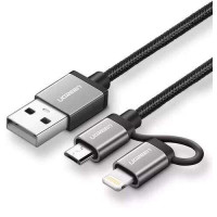 Cáp sạc, dữ liệu 2 in 1 USB A sang Lightning+Type-C 3A dài 1M Ugreen 50792 cao cấp (Đen bọc dù)