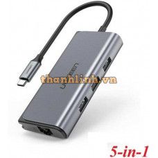 Ugreen 50851 5 trong 1 xám đen bộ chuyển USB Type-C Hub ra RJ45 Gigabit Ethernet + 3 cổng USB 3.0 cổng cấp nguồn Micro USB