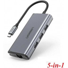 Ugreen 50851 5 trong 1 xám đen bộ chuyển USB Type-C Hub ra RJ45 Gigabit Ethernet + 3 cổng USB 3.0 cổng cấp nguồn Micro USB
