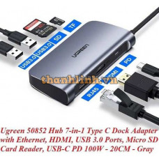 Thiết bị mở rộng USB Type-C to HDMI/ Hub USB 3.0/ SD/TF/Lan Gigabit/ PD 100W Ugreen 50852