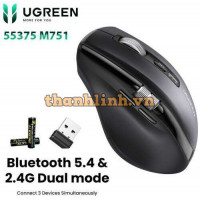 Chuột không dây Ugreen 55375 M751, Bluetooth 5.4 & Wirelless 2.4GHz 5000DPI 5 cấp độ, KÈM 2x PIN AA
