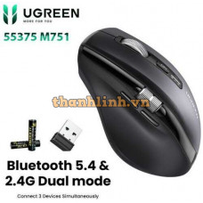 Chuột không dây Ugreen 55375 M751, Bluetooth 5.4 & Wirelless 2.4GHz 5000DPI 5 cấp độ, KÈM 2x PIN AA