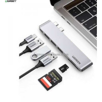 Ugreen 60560 macbook pro air 2 cổng USB Type-C Bộ chuyển đổi sang 3x Hub USB 3.0 + SD/TF + nguồn PD màu xám bằng nhôm