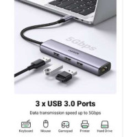 Hub chia USB Type-C to 3 cổng USB 3.0 Type-A kèm Lan Gigabit, vỏ nhôm chính hãng Ugreen 60600