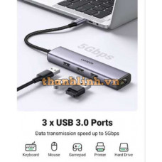 Hub chia USB Type-C to 3 cổng USB 3.0 Type-A kèm Lan Gigabit, vỏ nhôm chính hãng Ugreen 60600