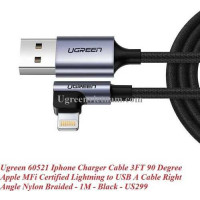 Ugreen 60763 1M MFI đầu Lightning bẻ 90 độ cáp USB Type-C ra Lightning bọc nhôm chống nhiễu màu đen US305 10060763