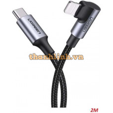 Ugreen 60765 2M PD 20V 3A bẻ 90 độ MFI đầu Lightning cáp USB Type-C ra Lightning bọc nhôm chống nhiễu màu đen US305 20060765