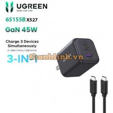 Củ sạc nhanh GaN 45W Ugreen 65155B X527, 3 cổng USB-C x2, USB-A Hỗ trợ QC4+, PD3.0 EU Plug