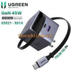 Củ Sạc Nhanh GaN 45W Ugreen 65821 X614 Tích Hợp Dây Rút USB-C dài 70cm