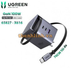 Sạc điện thoại GaN 100W Ugreen 65827 X616, 2 cổng USB-C và 1 cổng USB-A, kèm dây rút USB-C