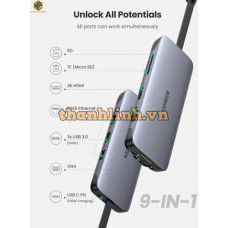 Ugreen 70409 10CM màu xám USB Type-C Hub 9 trong 1 Docking + 4K HDMI + VGA + Gigabit Ethernet + sạc sạc PD Charging + 3 x USB 3.0 + đọc thẻ SD CM286 10070409