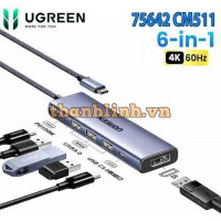 Hub 6 in 1 USB-C sang Displayport Ugreen 75642 CM511, Hỗ Trợ 4K/60Hz, USB-A 3.0 x3, USB-C x1, PD 100W