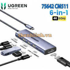 Hub 6 in 1 USB-C sang Displayport Ugreen 75642 CM511, Hỗ Trợ 4K/60Hz, USB-A 3.0 x3, USB-C x1, PD 100W