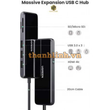 Ugreen 80129 6 trong 1 màu xám bộ chuyển USB Type-C đa năng ra 4K 60hz HDMI đọc thẻ sd tf CM314 10080129