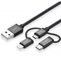 Ugreen 80326 1M có chip MFI màu đen Cáp sạc và dữ liệu USB A sang micro + Lightning + Type-C US186 20080326