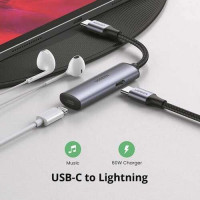Cáp bện Ugreen USB-C Male to USB-C Female+Lightning Female Alu Case with PD 60W (Xám không gian) 80584