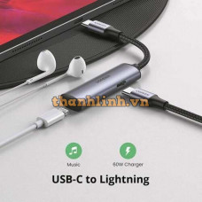 Cáp bện Ugreen USB-C Male to USB-C Female+Lightning Female Alu Case with PD 60W (Xám không gian) 80584