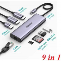 Thiết bị mở rộng 9 in 1 USB Type-C ra 2 cổng HDMI/USB/LAN Gigabit/PD 60W/SD/ TF Ugreen 90119 cao cấp