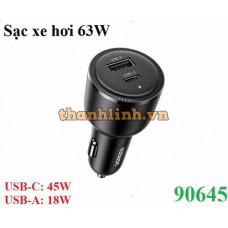 Sạc nhanh trên ô tô 2 cổng USB-C & USB-A công suất tối đa 63W Ugreen 90645 cao cấp