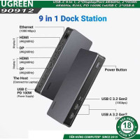 Docking Station USB-C 4K@60Hz 9 in 1 sang DP x2, HDMI x2, RJ45, PD 100W, USB-A&C Ugreen 90912