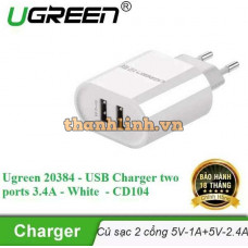 Bộ sạc 2 ports 3 4A USB model CD104 trắng Ugreen 20384