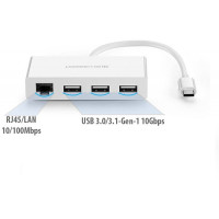 Type-C ra 3 USB 3.0 HUB+Ethernet model US237 trắng Ugreen 40382