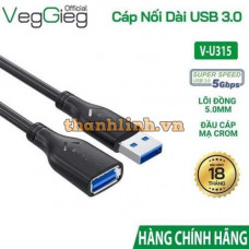 Cáp Nối Dài USB 3.0 Dài 1.5m VegGieg V-U315, Tốc độ 5gbps, dây nhựa PVC, mạ Crom