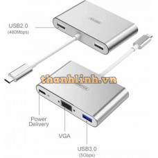 Hub Chia 3 Trong 1 Type-C -> USB 3.0 + USB 2.0 + VGA UNITEK Y-9102